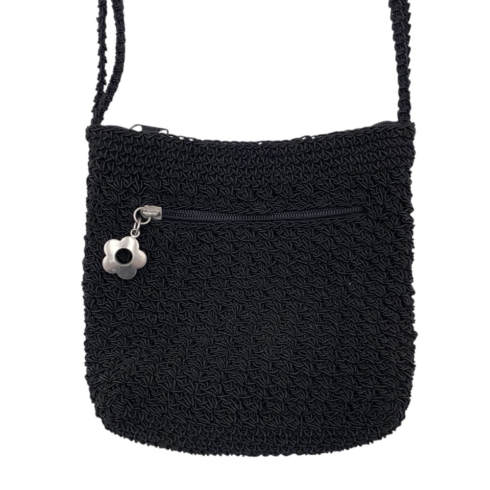 Vintage Y2K Xhilaration Black Woven Crochet Mini Bag Purse Flower Charm Zipper